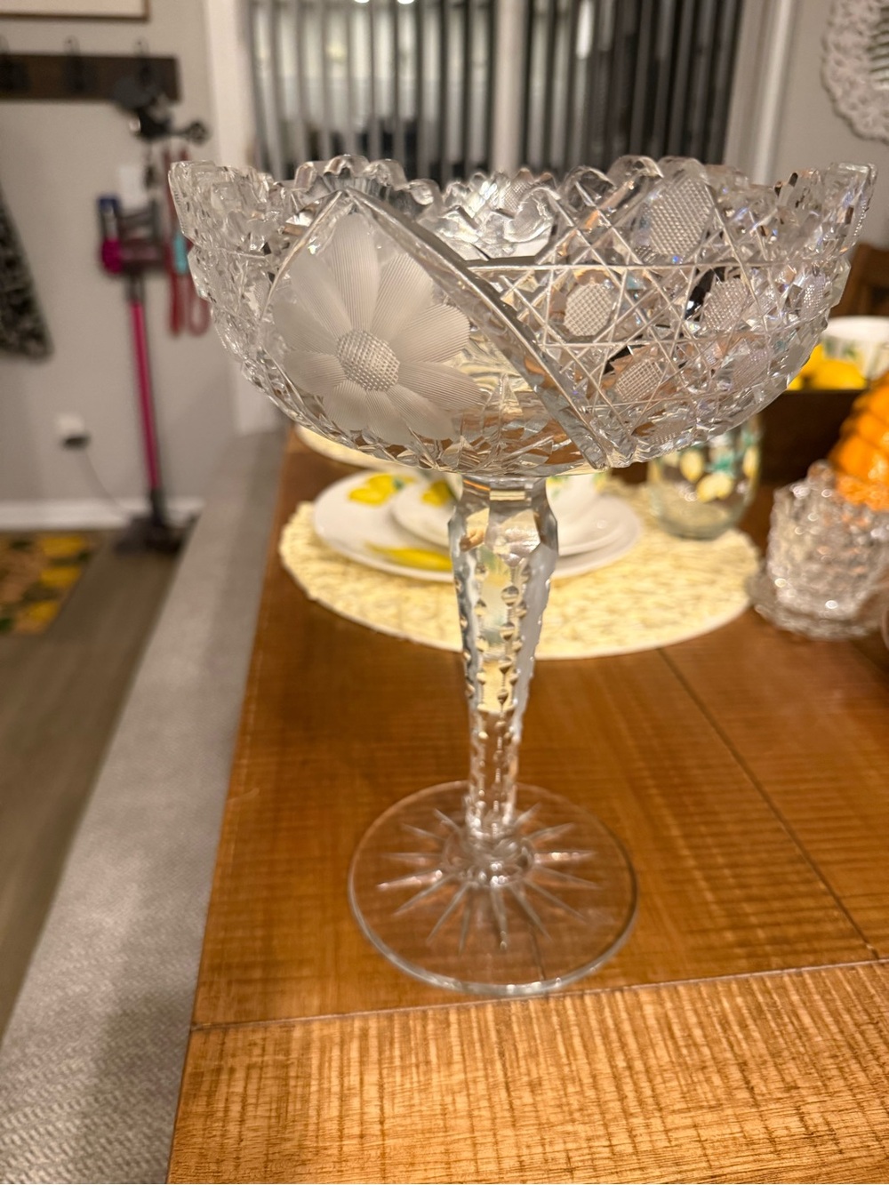 American Brilliant Crystal Floral Compote Pedestal, Sawtooth Edges